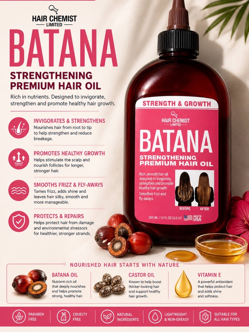 Batana Strengthening Premium Hair Oil — Deep Red